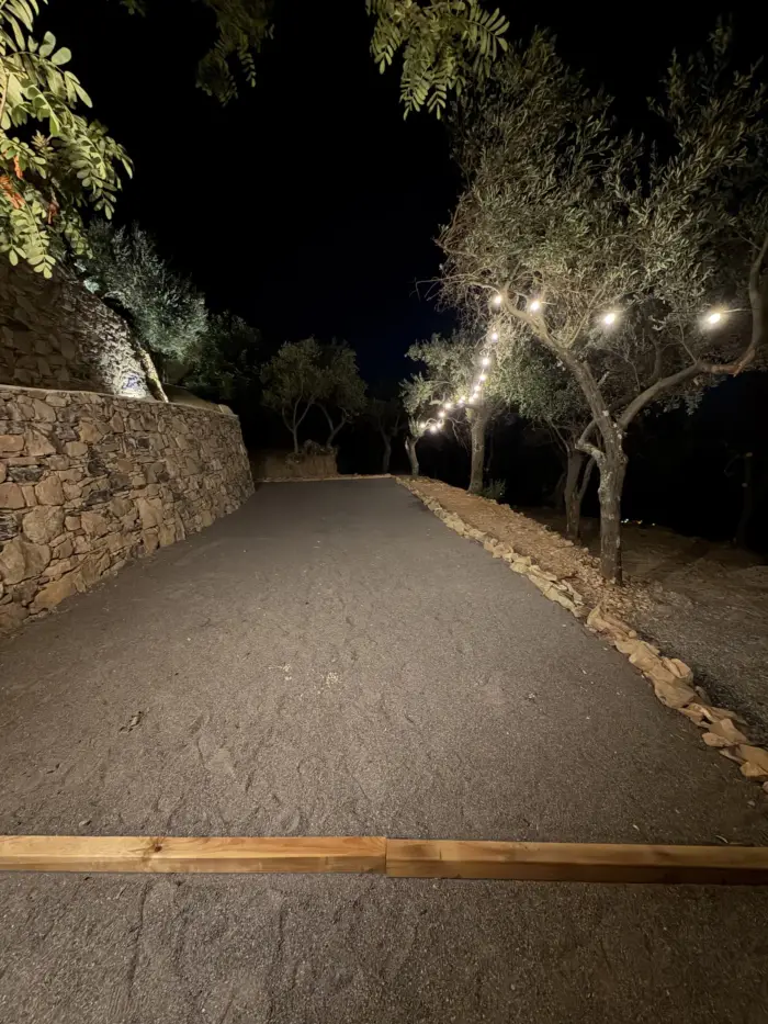 Campo da bocce illuminato di notte da una fila di luci sotto gli ulivi